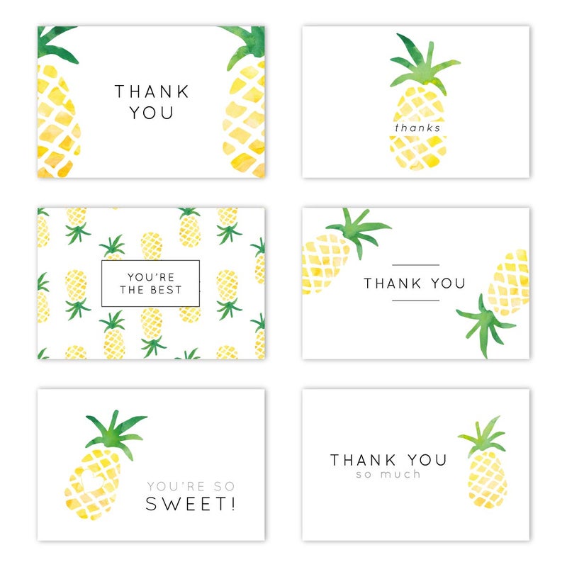 Gooji 4x6 Pineapple Thank You Cards (Bulk 36-Pack) Matching Peel-and-Seal White Envelopes | Assorted Set, Watercolor, Colorful Graphics | Birthday Party, Baby Shower, Weddings, Graduation Blank Notes - Image 1